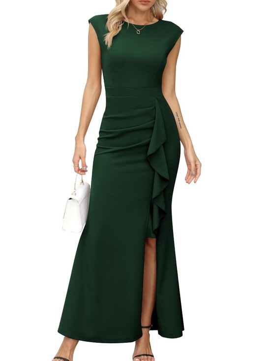 Dresses & Skirts - Elegant Forest Green Cap Sleeve Ruffle Slit Evening Mermaid Bodycon Dress, 2X